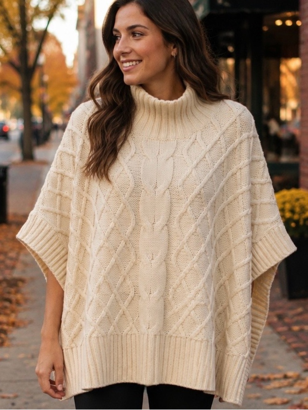 NEW Express Cream Cable-Knit Turtleneck Poncho Sweater